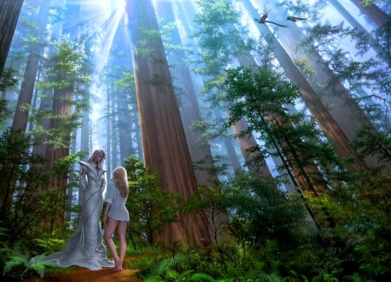 Two Women in Forest — Green, Serene, Morning, Digital Art