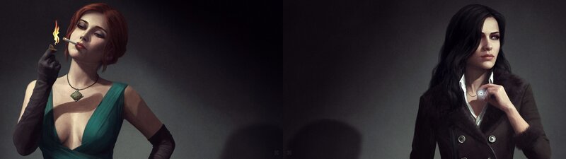 Two Women in Formal Wear — Black, Dramatic, Digital Art