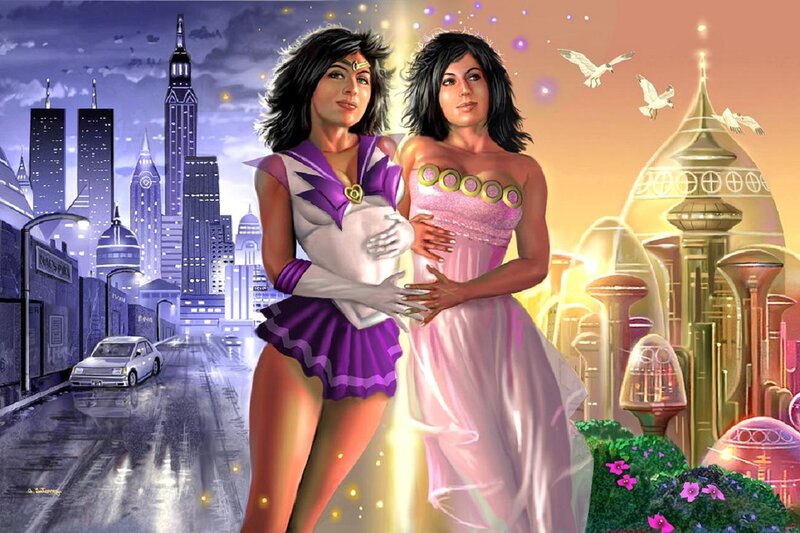 Two Women in Futuristic City — Purple