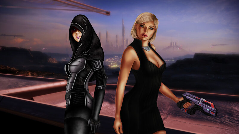 Two women in futuristic city