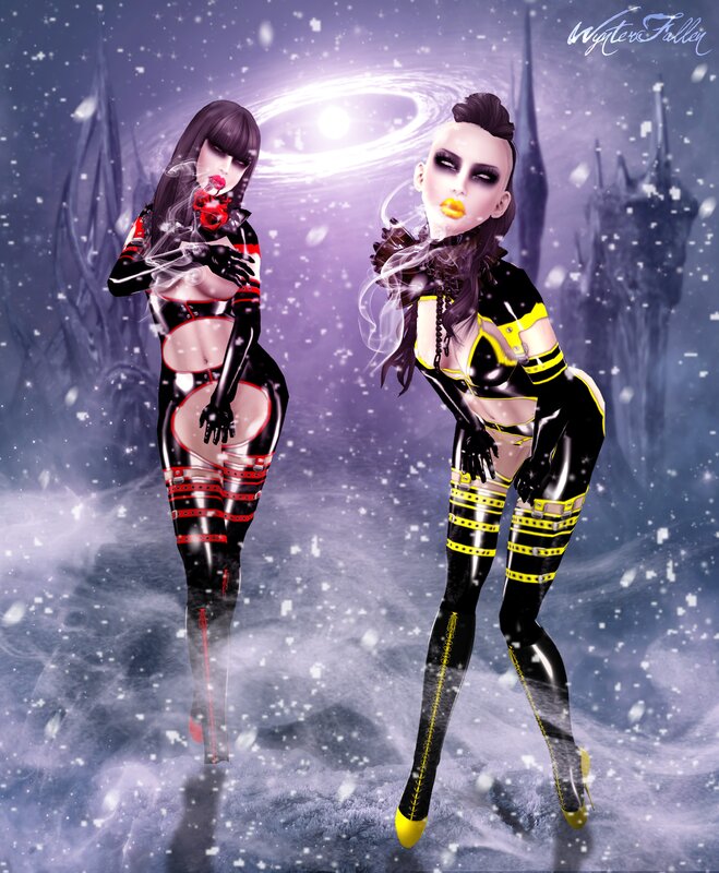 Two women in futuristic outfits