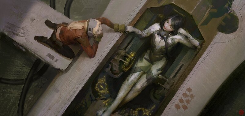 Two Women in Futuristic Suits — Gray