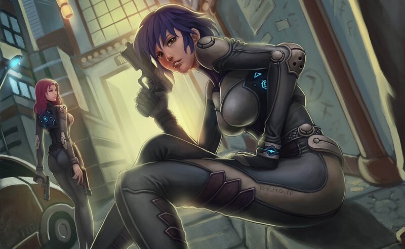 Two Women in Futuristic Suits — Purple, Dramatic