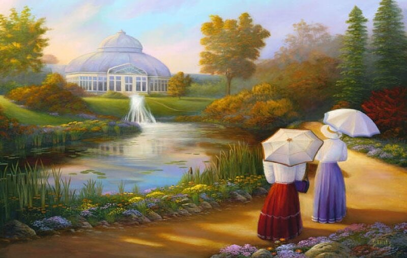 Two Women in Garden — Blue, Serene, Afternoon, Painting