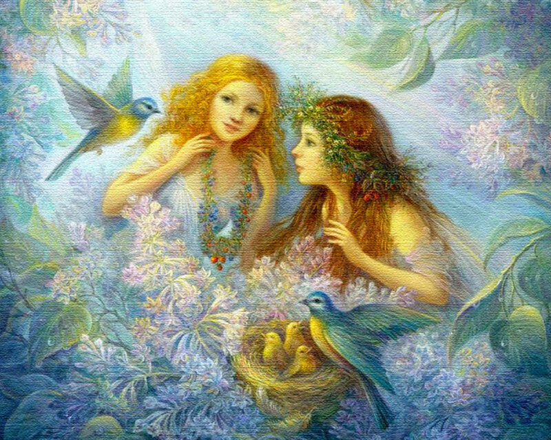 Two Women in Garden — Blue, Serene