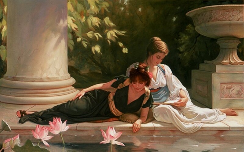 Two Women in Garden — Green, Serene, Afternoon, Painting, Column