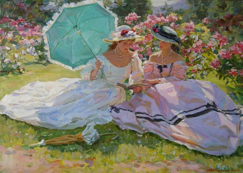 Two Women in Garden — Green, Serene, Afternoon, Painting, Umbrella