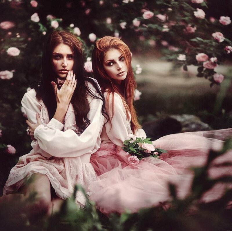 Two Women in Garden — Pink, Dreamy