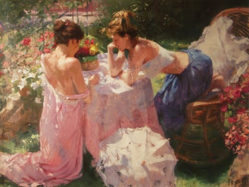 Two Women in Garden — Pink, Serene