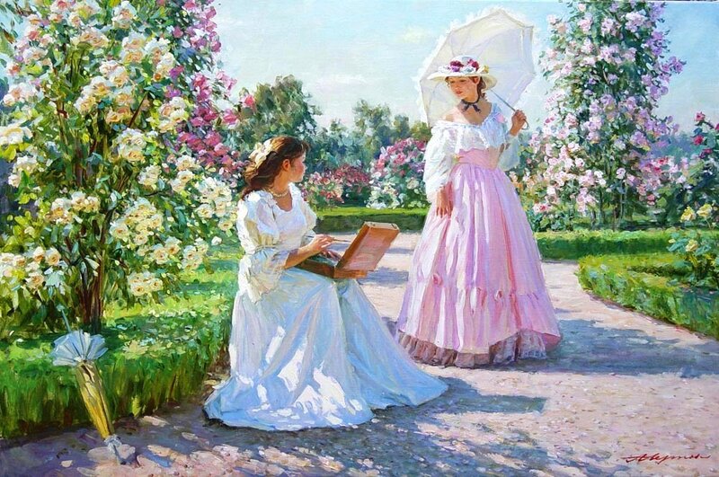 Two Women in Garden — Pink