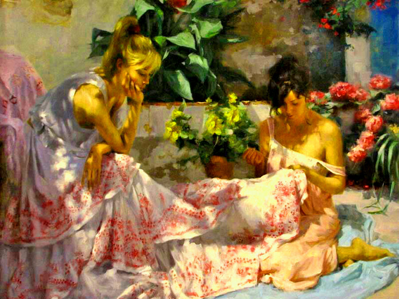 Two Women in Garden — White, Serene, Afternoon, Painting