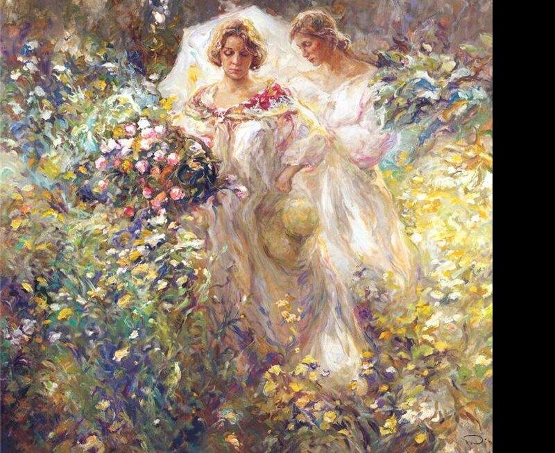 Two Women in Garden — White, Serene