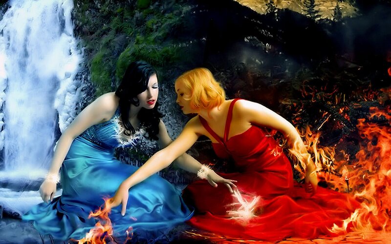 Two Women in Gowns — Red, Dramatic