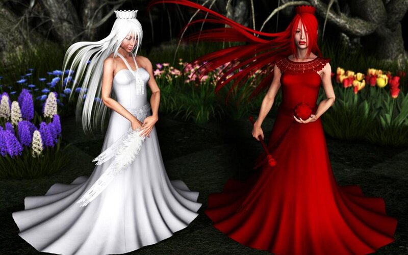 Two Women in Gowns — White, Dramatic