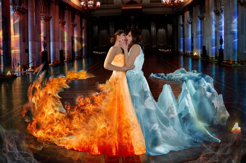 Two women in gowns with fire and ice