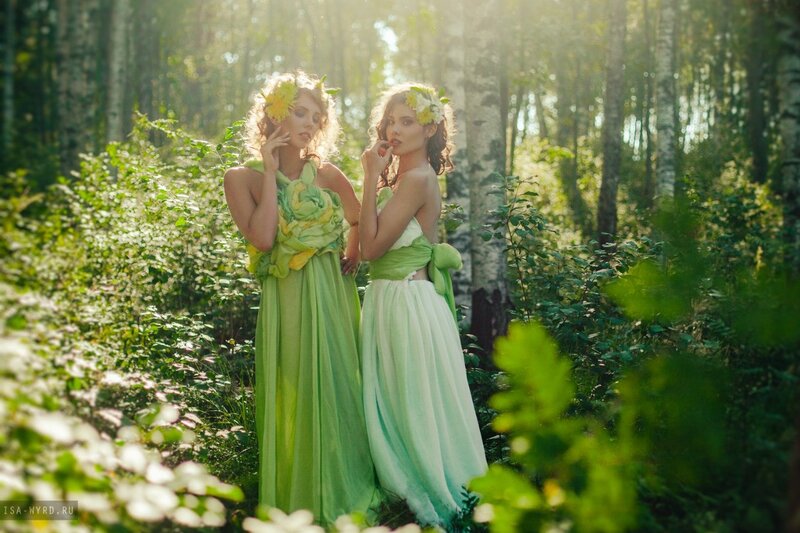 Two Women in Green Dresses — Serene, Afternoon, Photograph
