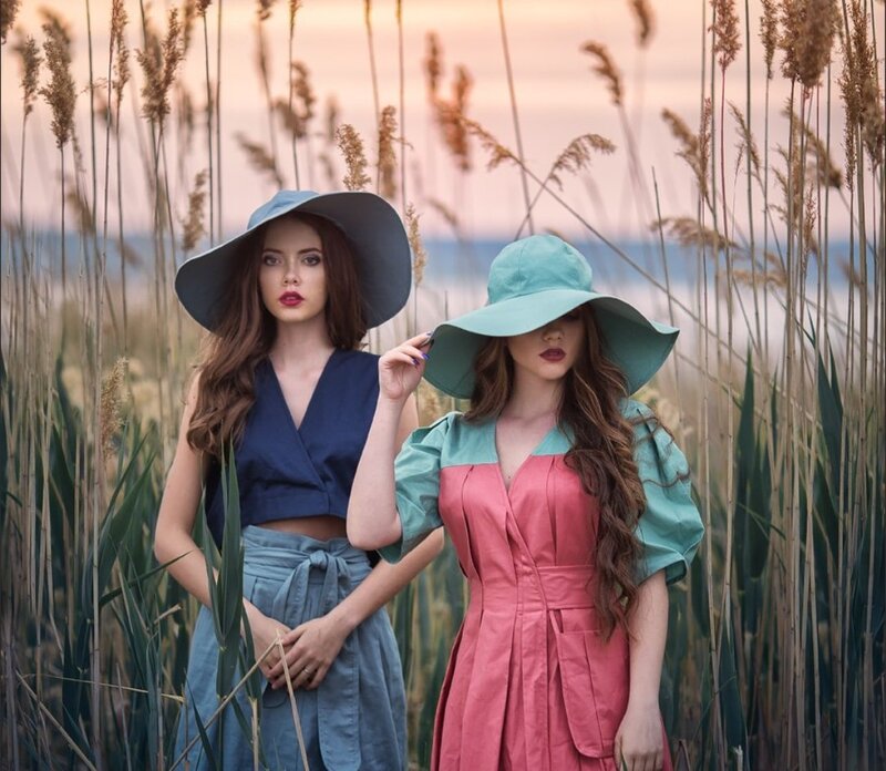 Two Women in Hats — Blue, Serene, Sunset