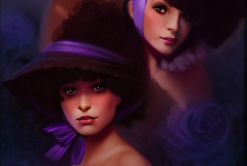 Two Women in Hats — Purple
