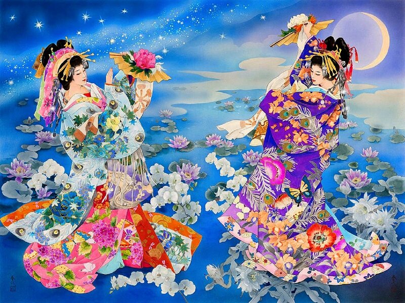 Two Women in Kimonos — Blue, Serene, Night