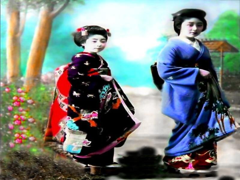 Two Women in Kimonos — Blue