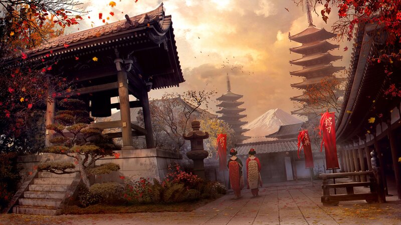 Two Women in Kimonos — Orange