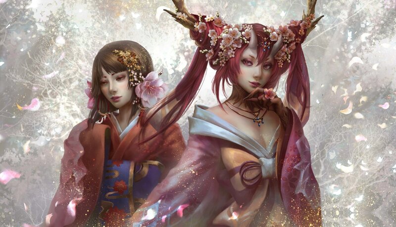 Two Women in Kimonos — Pink, Serene