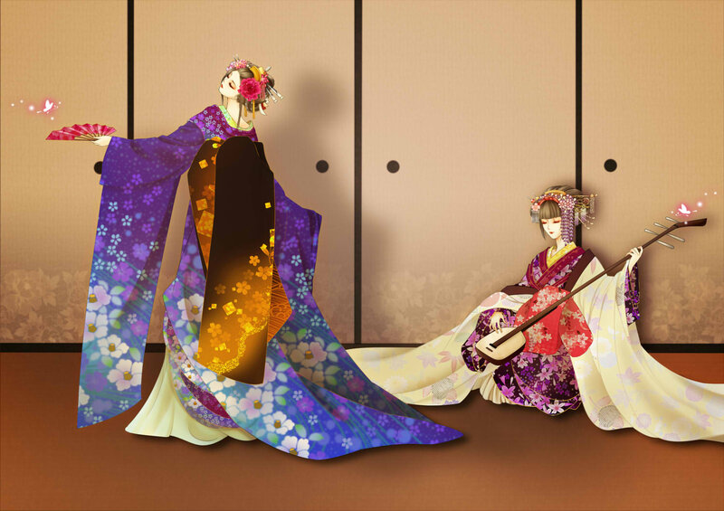Two Women in Kimonos — Purple, Serene