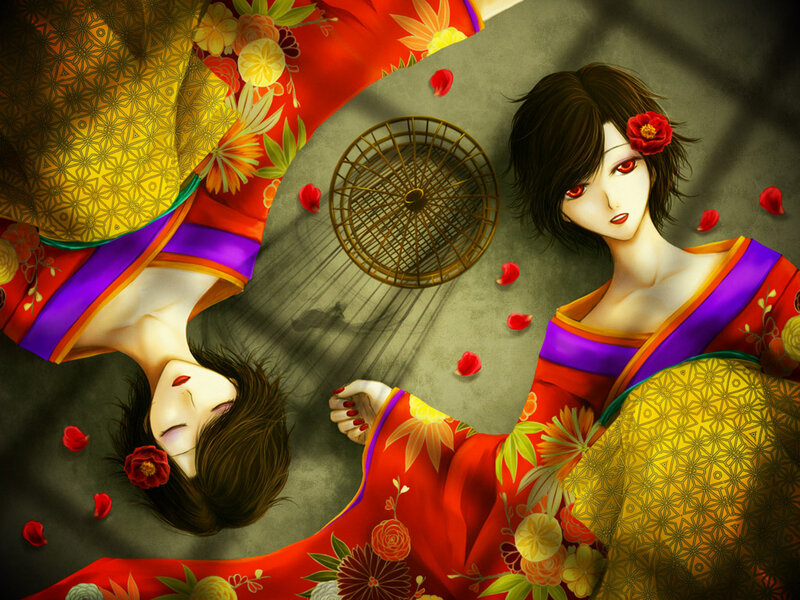 Two Women in Kimonos — Red, Dramatic