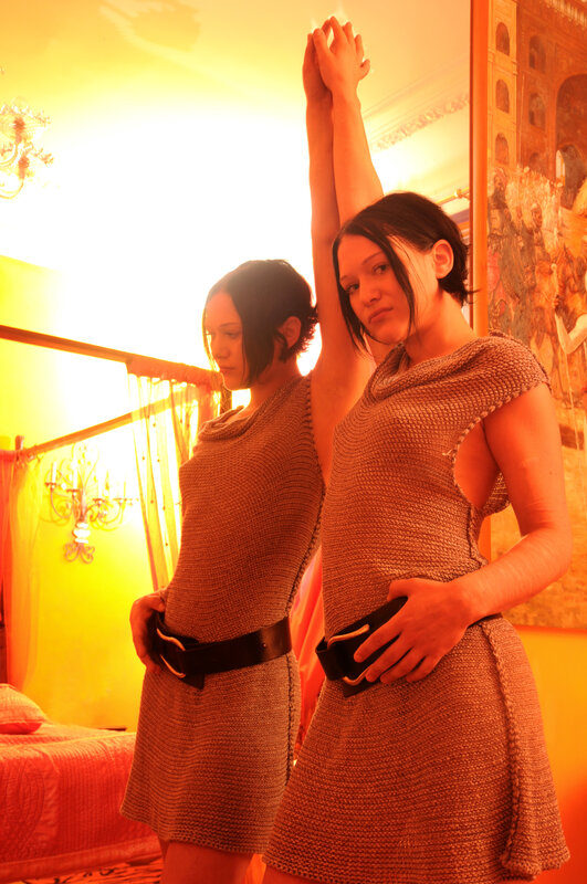 Two women in knitted dresses