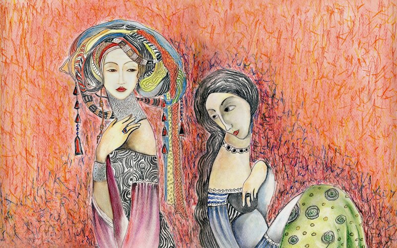 Two women in ornate attire