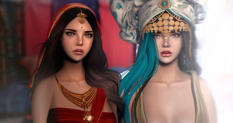 Two Women in Ornate Attire — Red