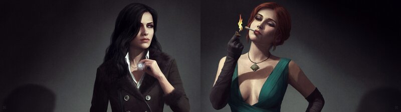 Two Women in Portraits — Black, Dramatic, Digital Art