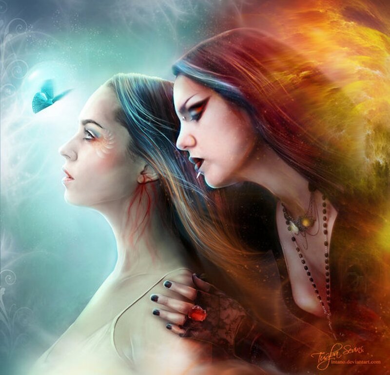 Two Women in Profile — Blue, Dramatic