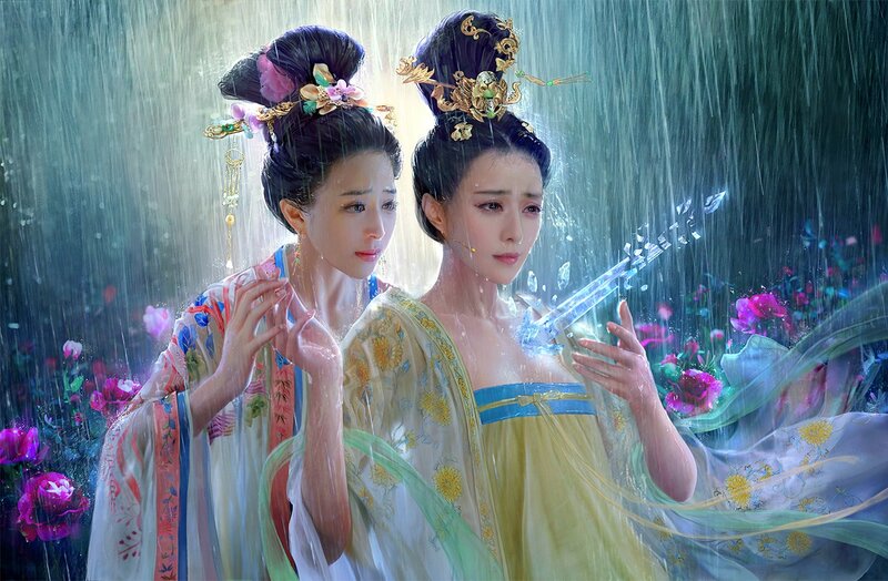 Two Women in Rain — Blue