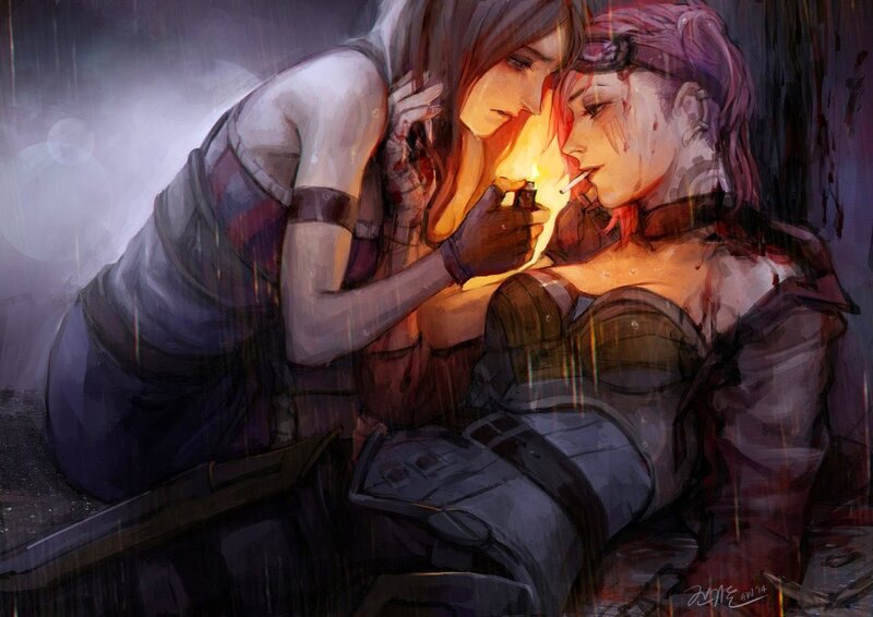 Two Women in Rain — Purple
