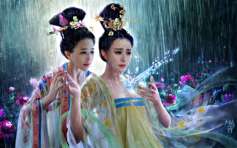 Two Women in Rain — Yellow