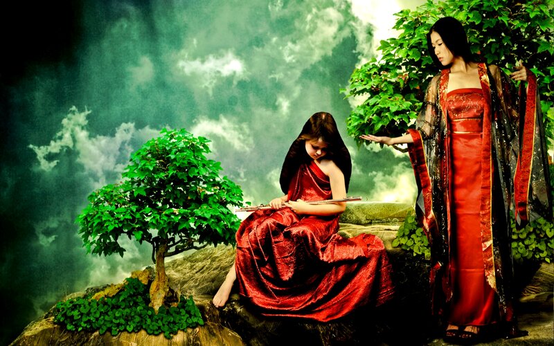 Two Women in Red Dresses — Dramatic, Digital Art