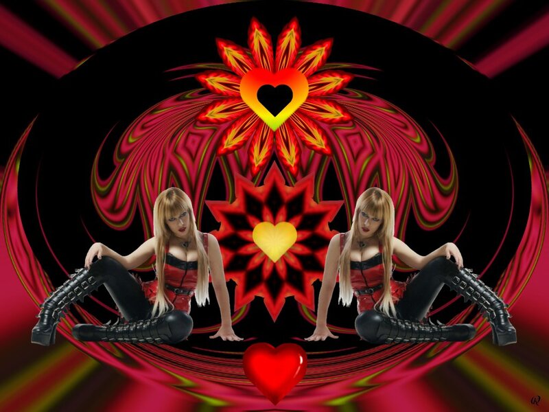 Two Women in Red Outfits — Dramatic, Digital Art, Hearts