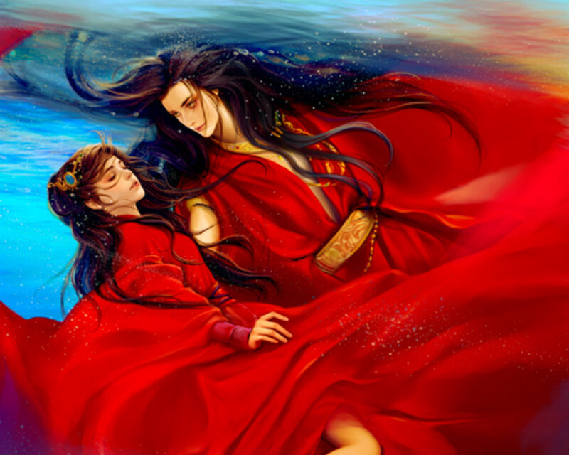Two Women in Red Robes — Dramatic