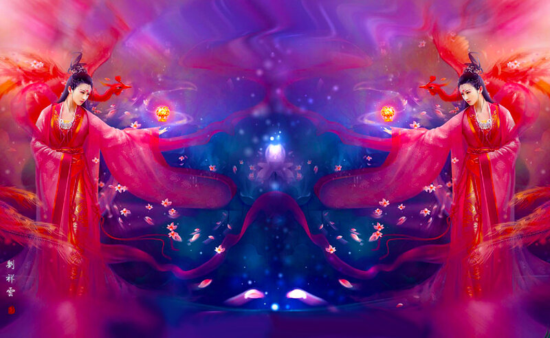 Two Women in Red Robes — Purple, Dramatic