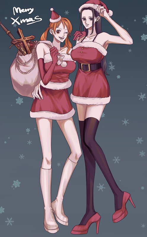 Two Women in Santa Outfits — Red, Festive, Winter, Anime