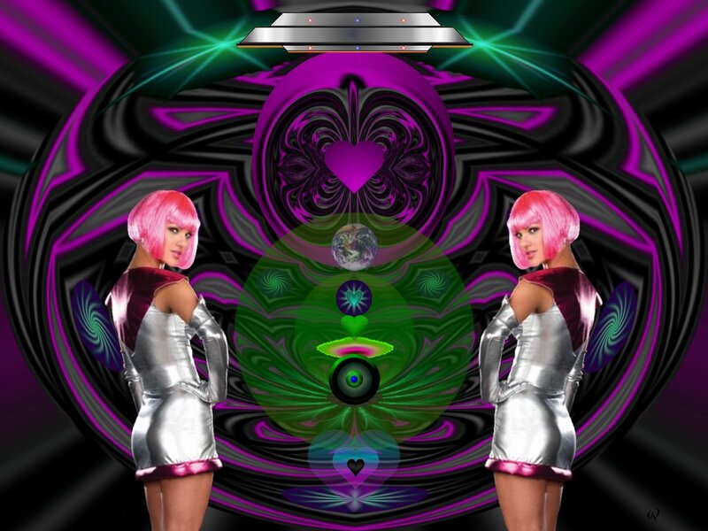 Two Women in Silver Outfits — Purple