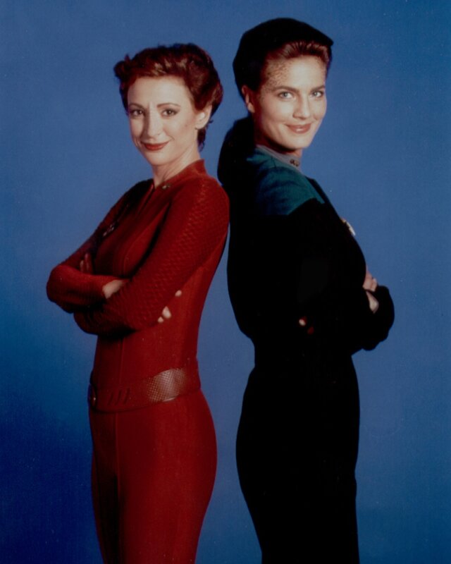 Two women in Star Trek uniforms