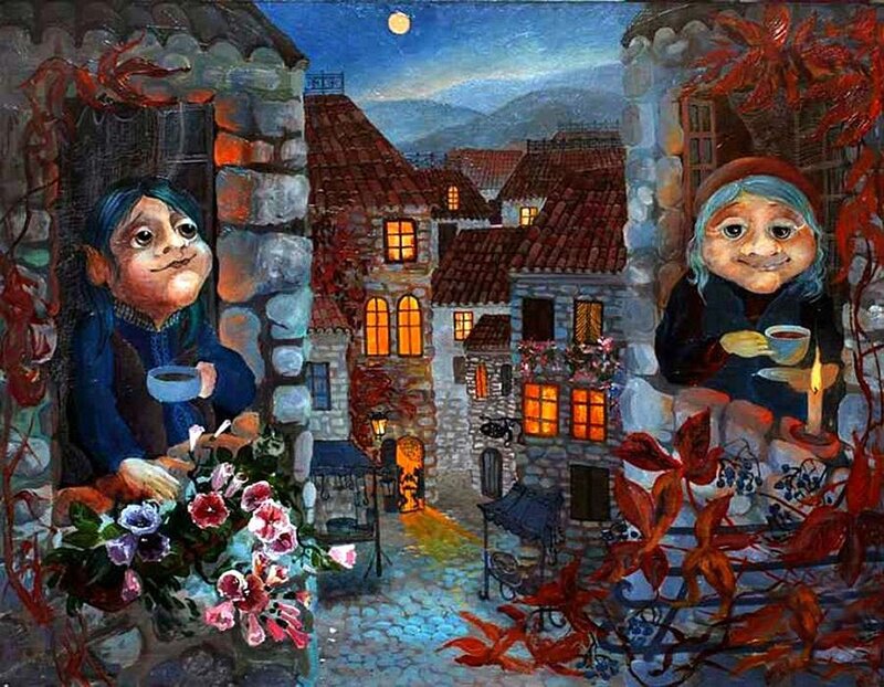 Two Women in Stone Houses