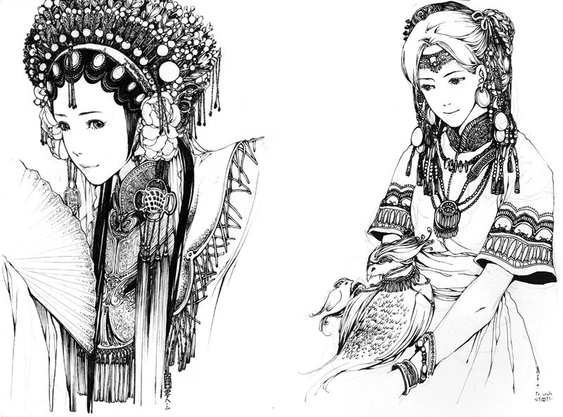Two Women in Traditional Attire — Black