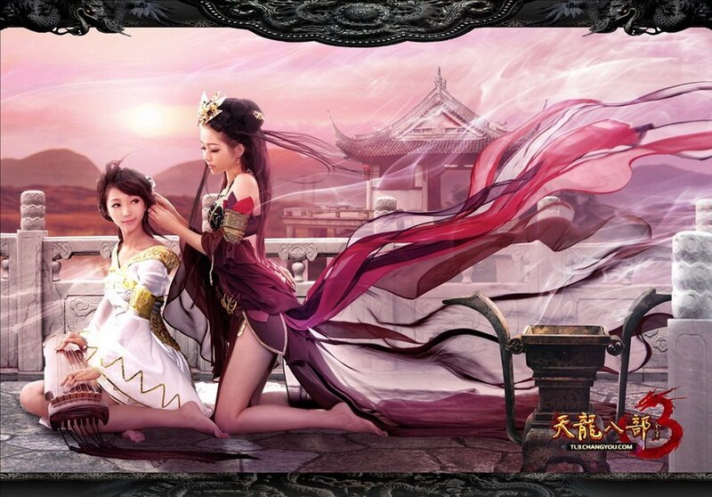 Two women in traditional attire on a terrace