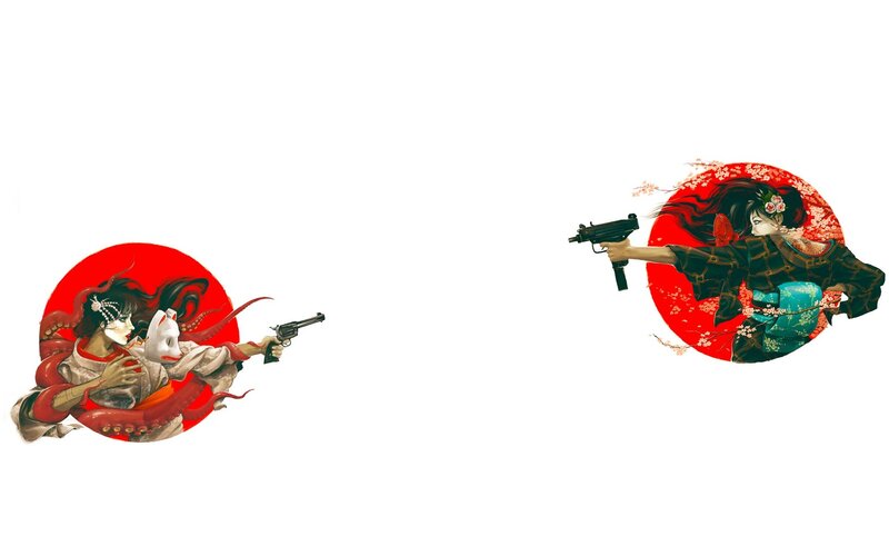 Two women in traditional attire with guns