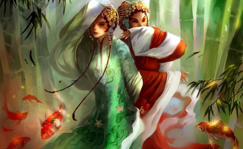 Two Women in Traditional Clothing — Green, Serene