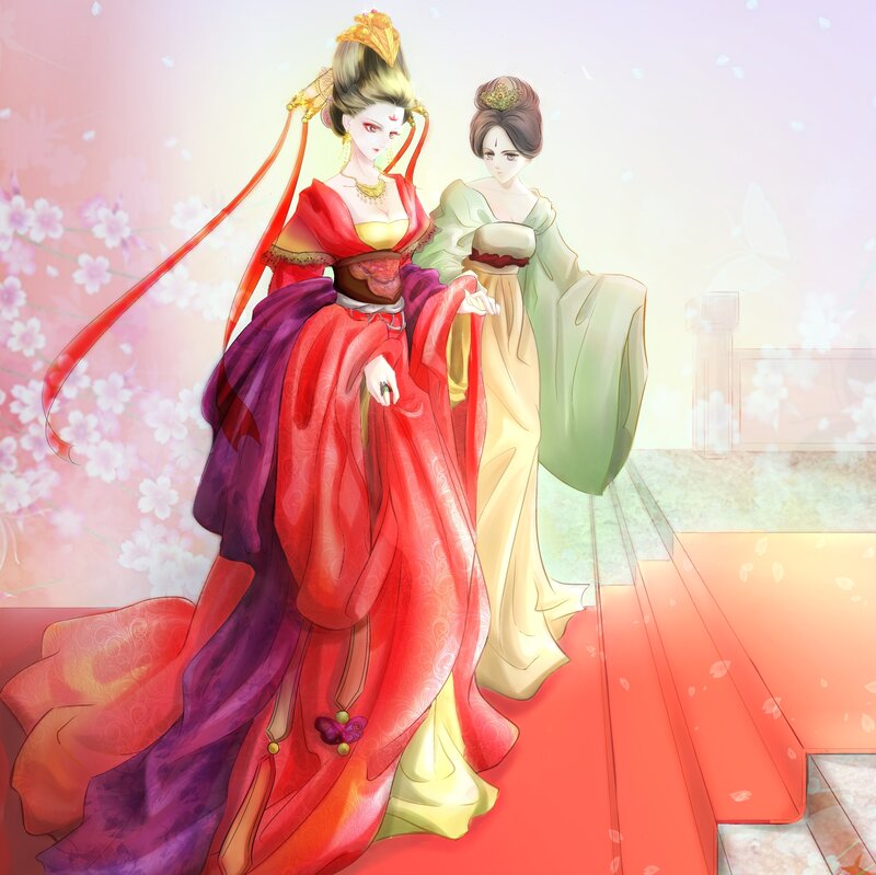 Two Women in Traditional Robes — Red