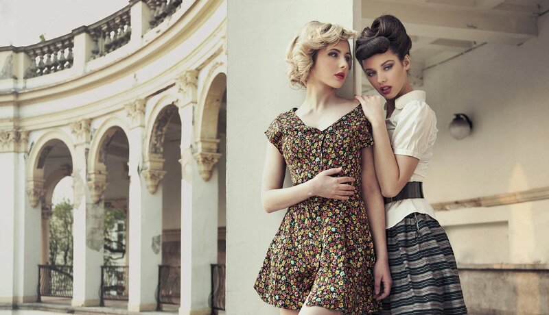 Two Women in Vintage Dresses — White